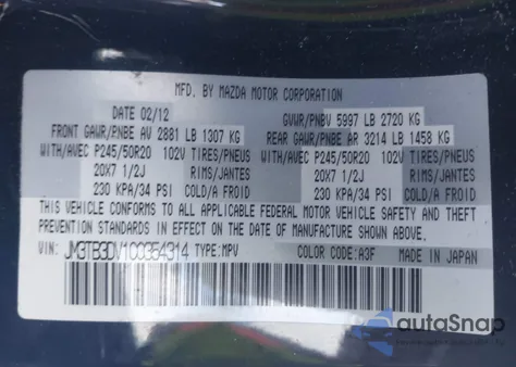 2012 Mazda Cx-9 Grand Touring z USA, uszkodzony, nr VIN JM3TB3DV1C0354314